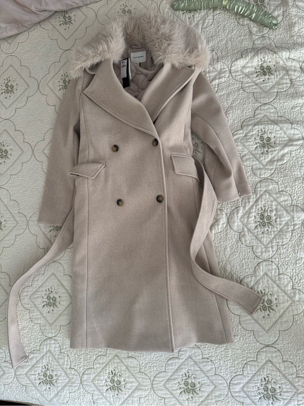 Banana Republic Double-Breasted Trench Coat with Faux Fur Hood - Light Taupe